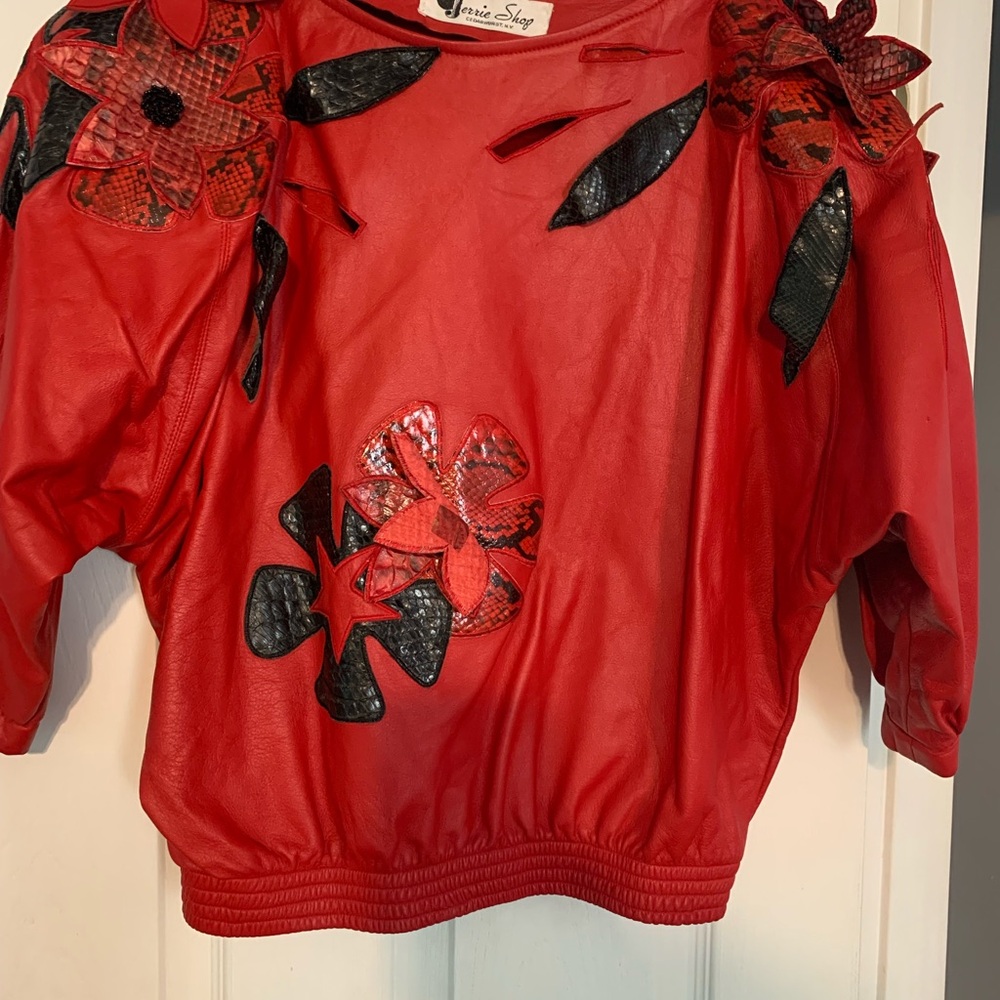 Vintage Suzy Red Leather Top with Floral Accents